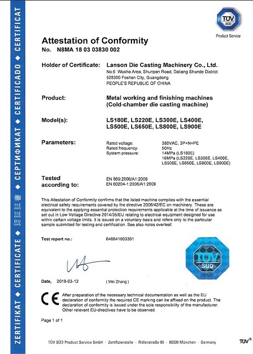 certificat CE de Moulage sous pression Machines