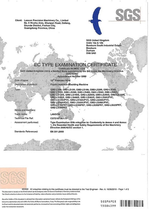 certificat CE de machine de moulage par injection plastique